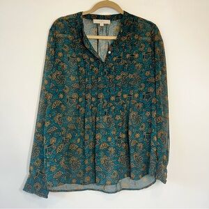 LOFT Green and Gold Sheer Floral Blouse Size Medium Career Boho Office